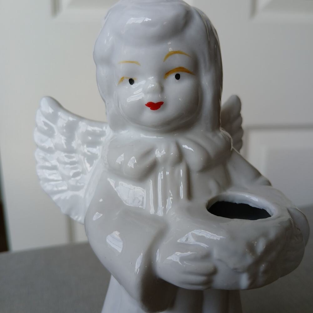 Vintage Ceramic Angel Taper Candle Holder 6" white with gold accents Christmas - Picture 6 of 12